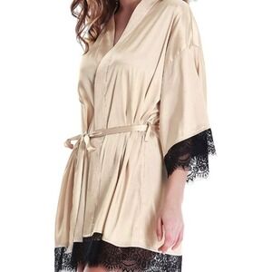 Hodo Women's Satin Lace Robe Kimono‎ Sleepwear Tan Size S